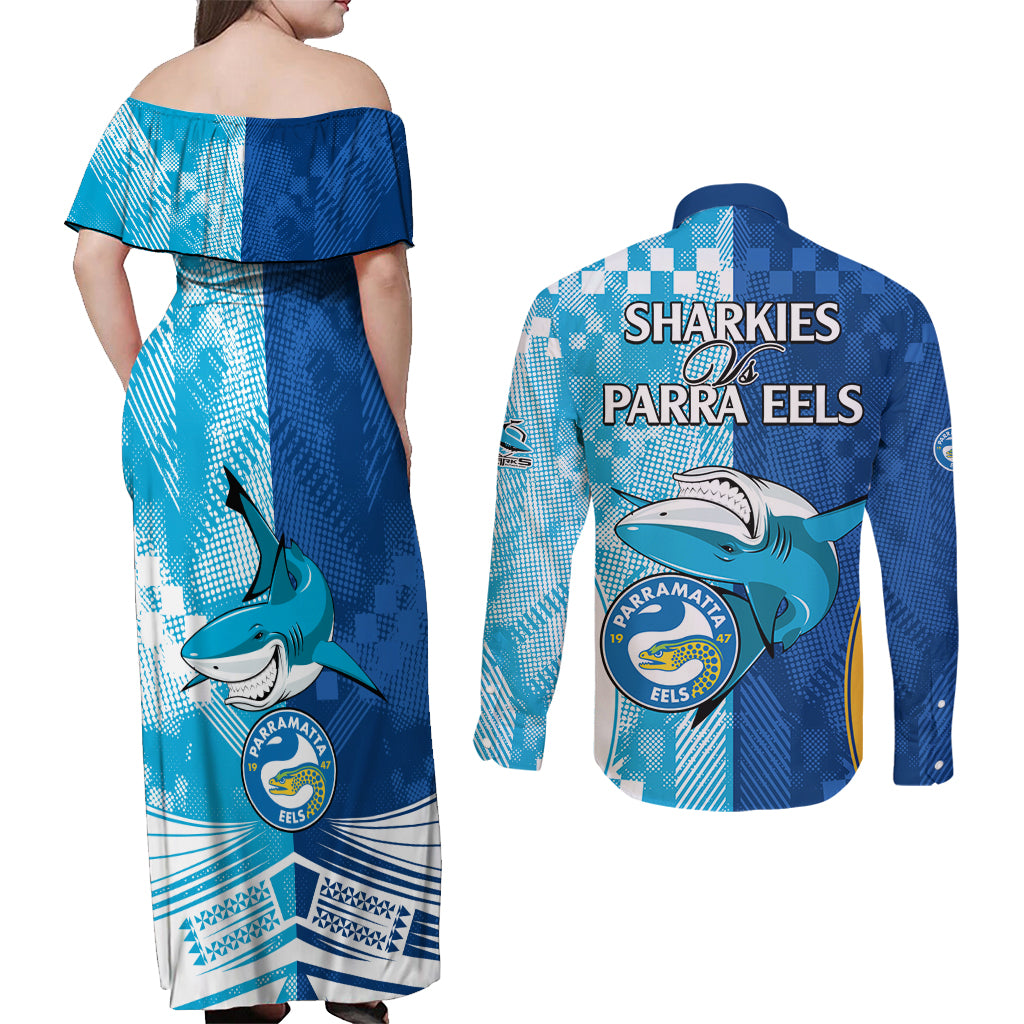 NRL Shark Combine Eels Rugby Couples Matching Off Shoulder Maxi Dress and Long Sleeve Button Shirts Sporty Style LT9