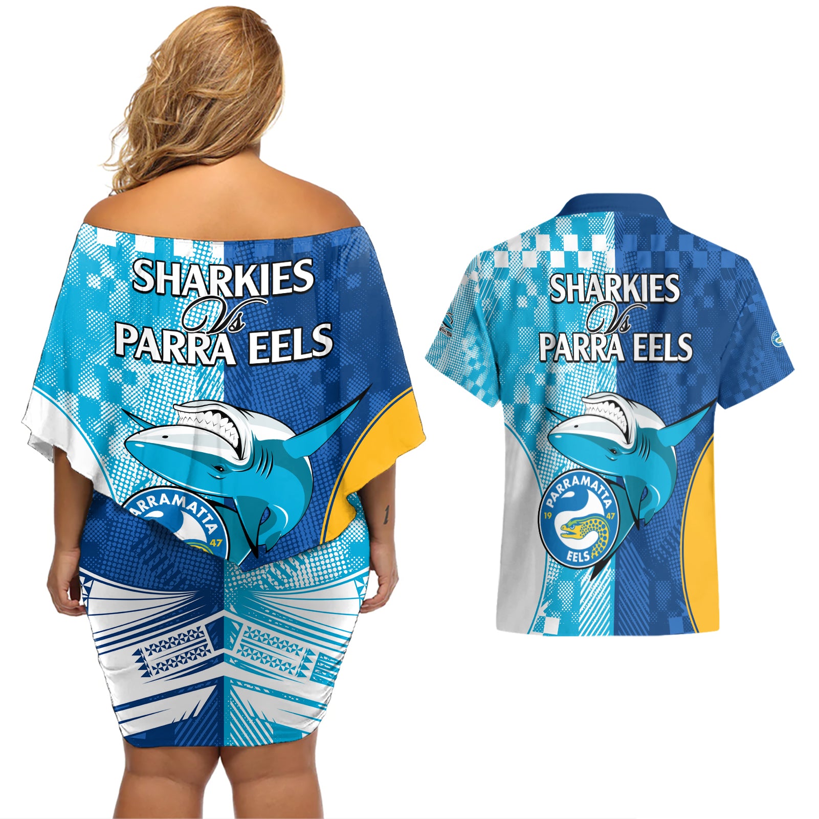 NRL Shark Combine Eels Rugby Couples Matching Off Shoulder Short Dress and Hawaiian Shirt Sporty Style LT9