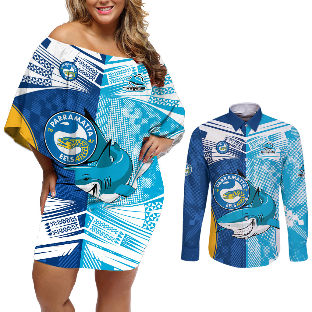 NRL Shark Combine Eels Rugby Couples Matching Off Shoulder Short Dress and Long Sleeve Button Shirts Sporty Style LT9