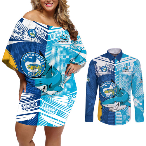 NRL Shark Combine Eels Rugby Couples Matching Off Shoulder Short Dress and Long Sleeve Button Shirts Sporty Style LT9