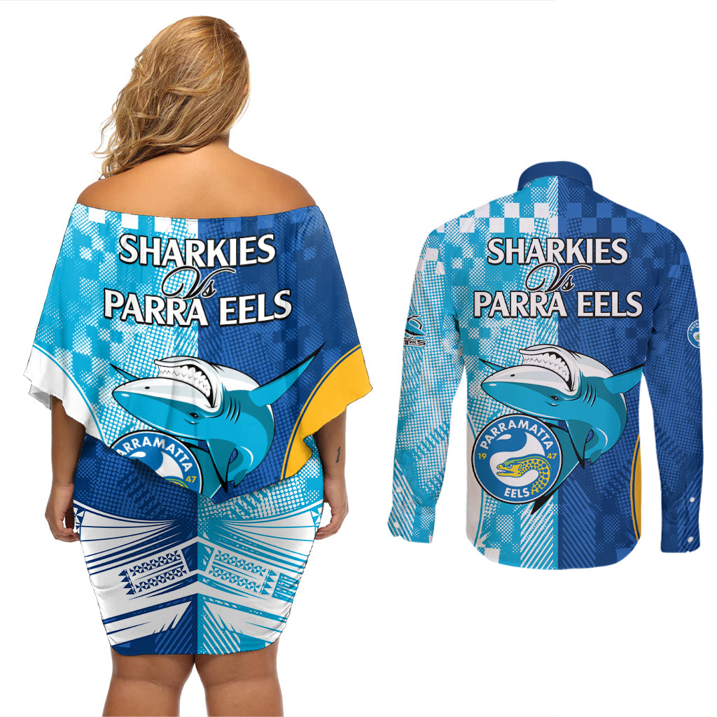 NRL Shark Combine Eels Rugby Couples Matching Off Shoulder Short Dress and Long Sleeve Button Shirts Sporty Style LT9