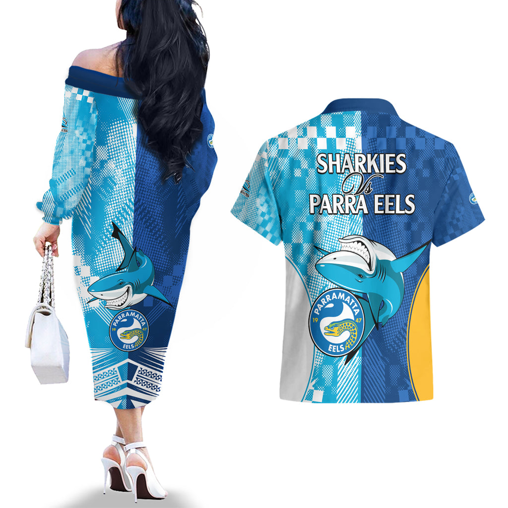NRL Shark Combine Eels Rugby Couples Matching Off The Shoulder Long Sleeve Dress and Hawaiian Shirt Sporty Style LT9