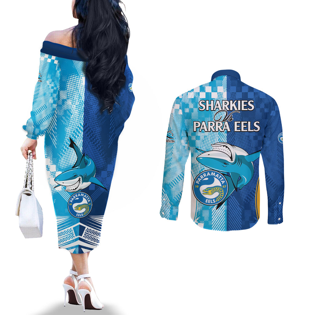 NRL Shark Combine Eels Rugby Couples Matching Off The Shoulder Long Sleeve Dress and Long Sleeve Button Shirts Sporty Style LT9