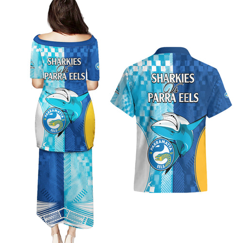 NRL Shark Combine Eels Rugby Couples Matching Puletasi Dress and Hawaiian Shirt Sporty Style LT9