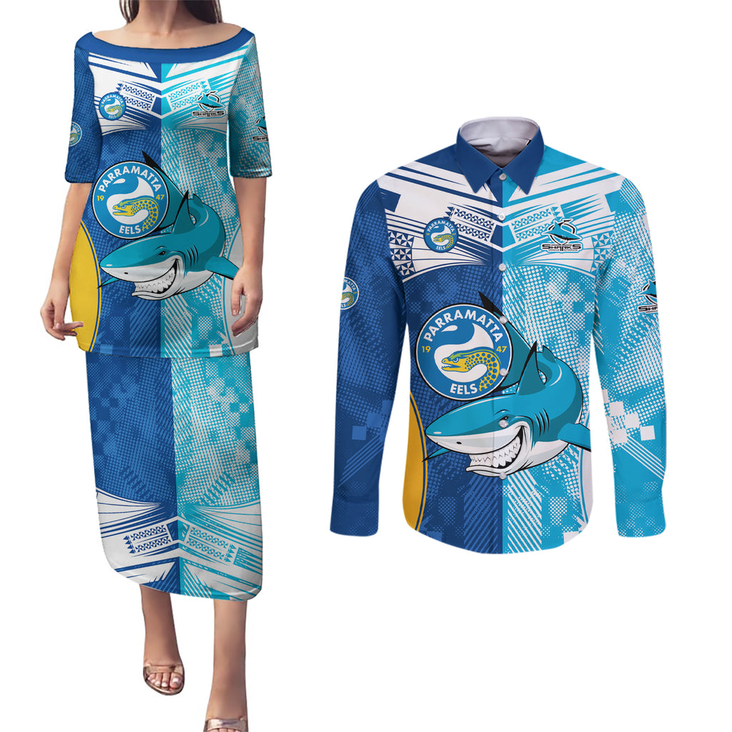 NRL Shark Combine Eels Rugby Couples Matching Puletasi Dress and Long Sleeve Button Shirts Sporty Style LT9