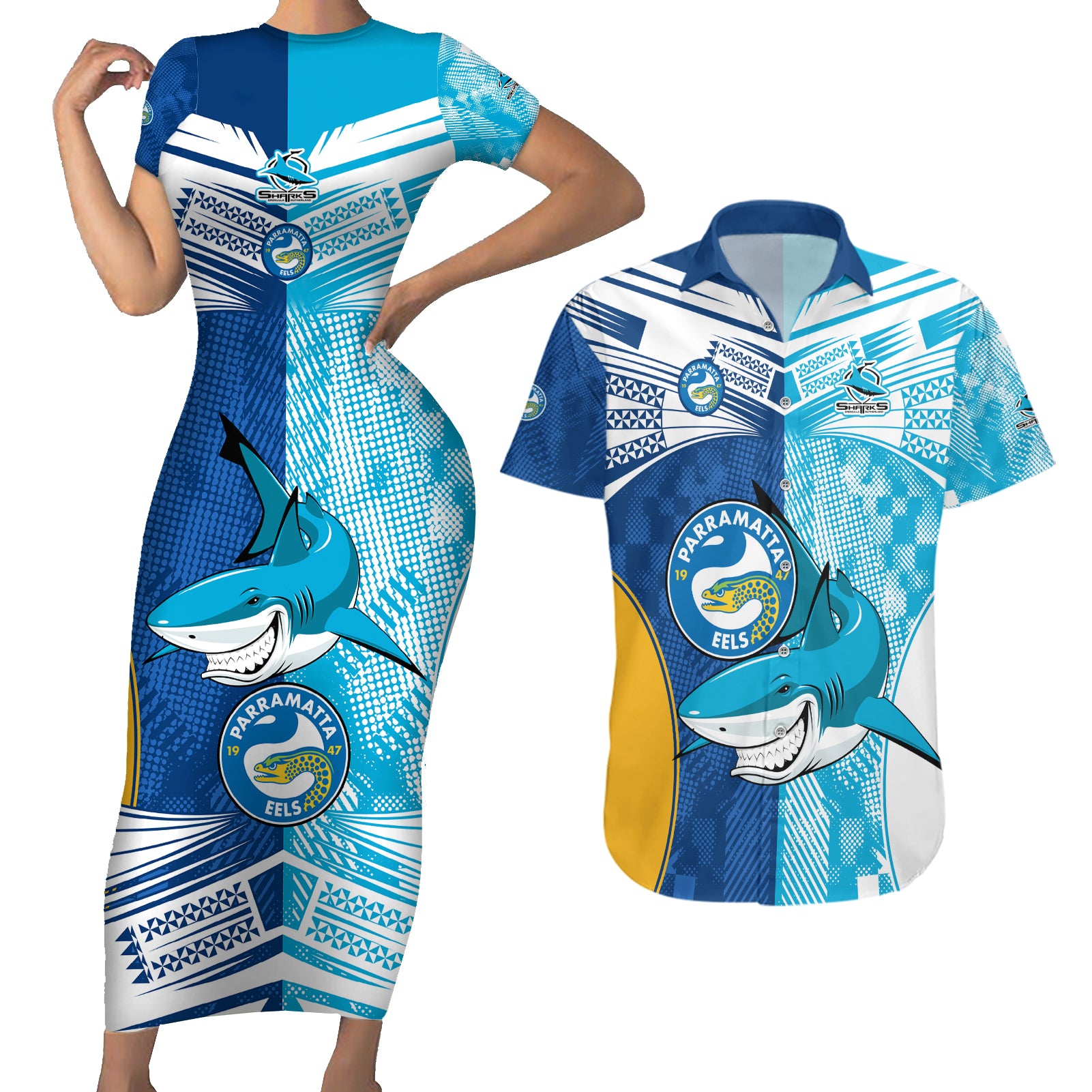 NRL Shark Combine Eels Rugby Couples Matching Short Sleeve Bodycon Dress and Hawaiian Shirt Sporty Style LT9