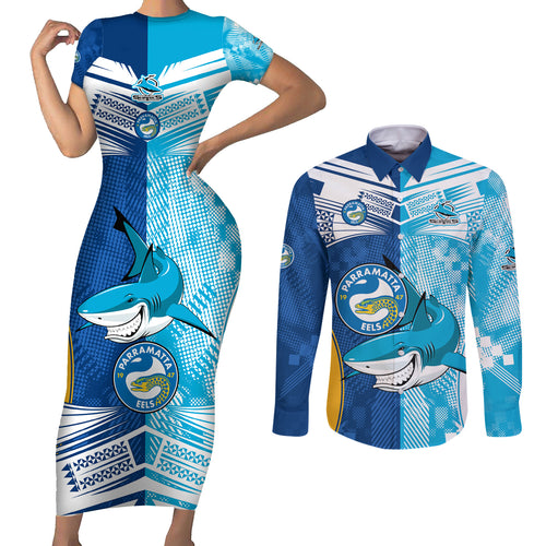 NRL Shark Combine Eels Rugby Couples Matching Short Sleeve Bodycon Dress and Long Sleeve Button Shirts Sporty Style LT9