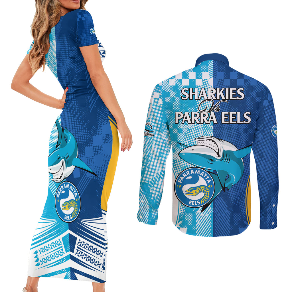 NRL Shark Combine Eels Rugby Couples Matching Short Sleeve Bodycon Dress and Long Sleeve Button Shirts Sporty Style LT9