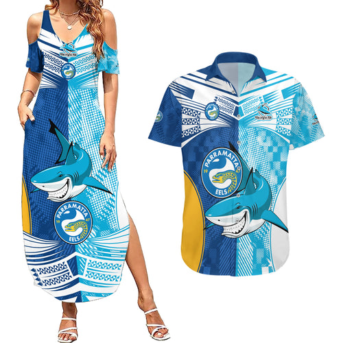 NRL Shark Combine Eels Rugby Couples Matching Summer Maxi Dress and Hawaiian Shirt Sporty Style LT9