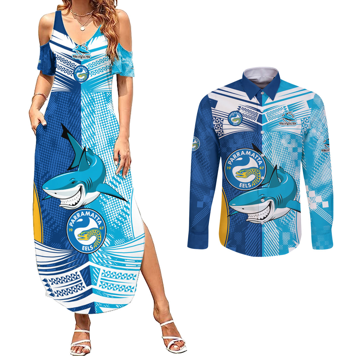 NRL Shark Combine Eels Rugby Couples Matching Summer Maxi Dress and Long Sleeve Button Shirts Sporty Style LT9