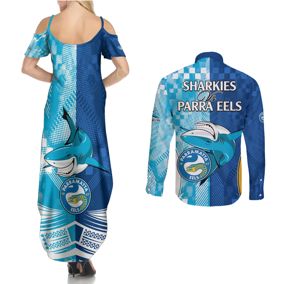 NRL Shark Combine Eels Rugby Couples Matching Summer Maxi Dress and Long Sleeve Button Shirts Sporty Style LT9