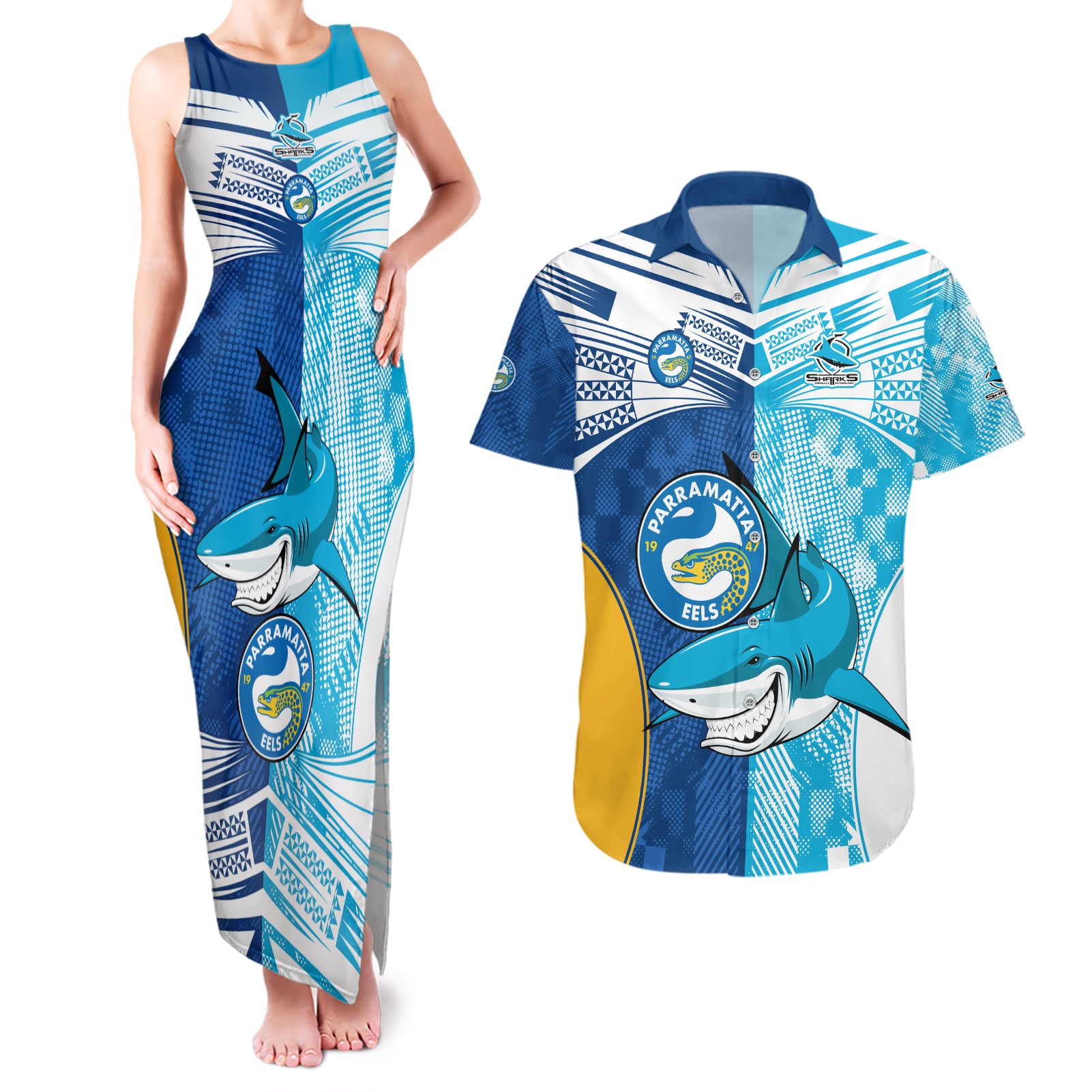 NRL Shark Combine Eels Rugby Couples Matching Tank Maxi Dress and Hawaiian Shirt Sporty Style LT9