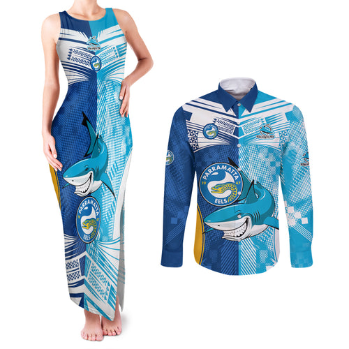 NRL Shark Combine Eels Rugby Couples Matching Tank Maxi Dress and Long Sleeve Button Shirts Sporty Style LT9