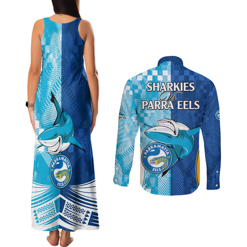 NRL Shark Combine Eels Rugby Couples Matching Tank Maxi Dress and Long Sleeve Button Shirts Sporty Style LT9