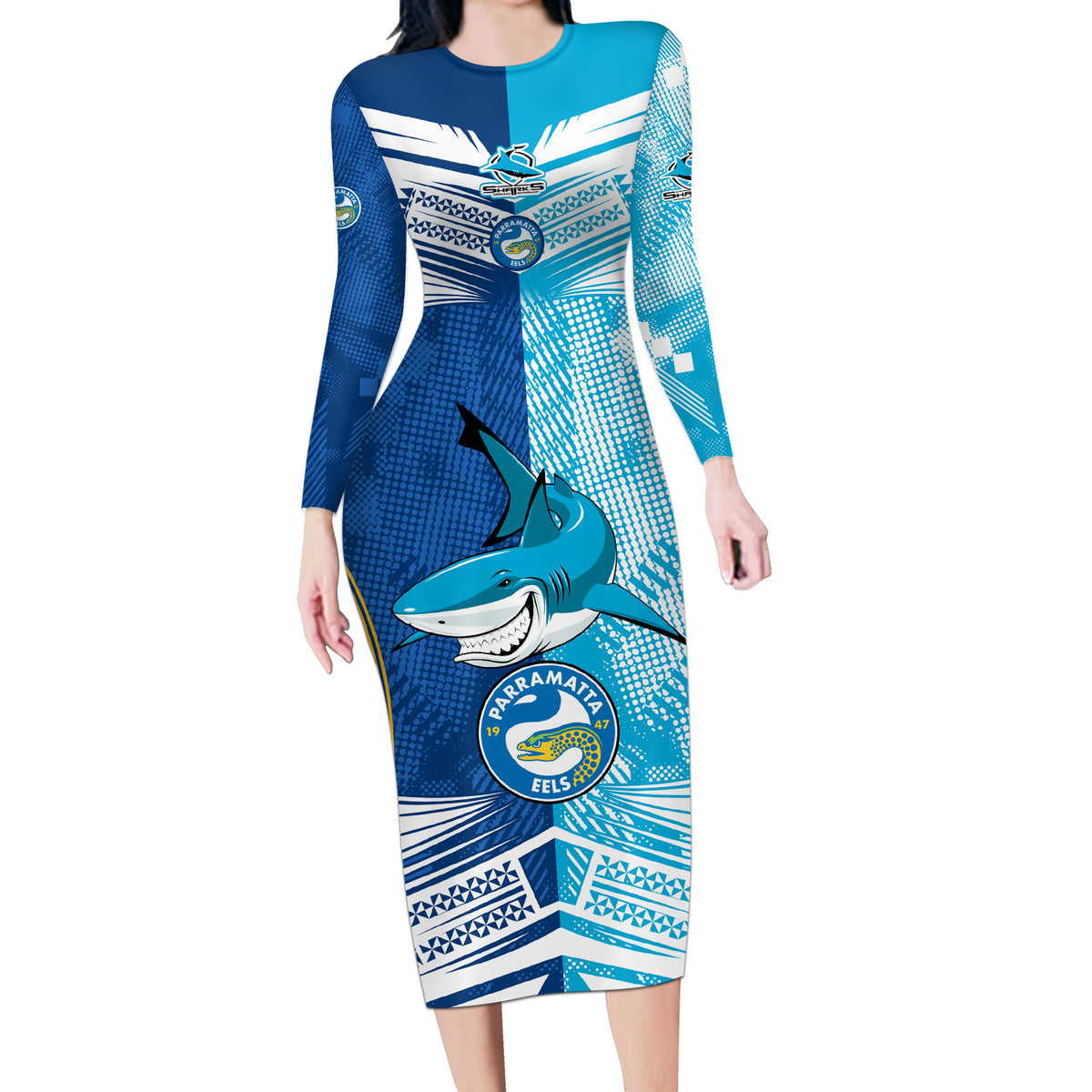 NRL Shark Combine Eels Rugby Long Sleeve Bodycon Dress Sporty Style LT9