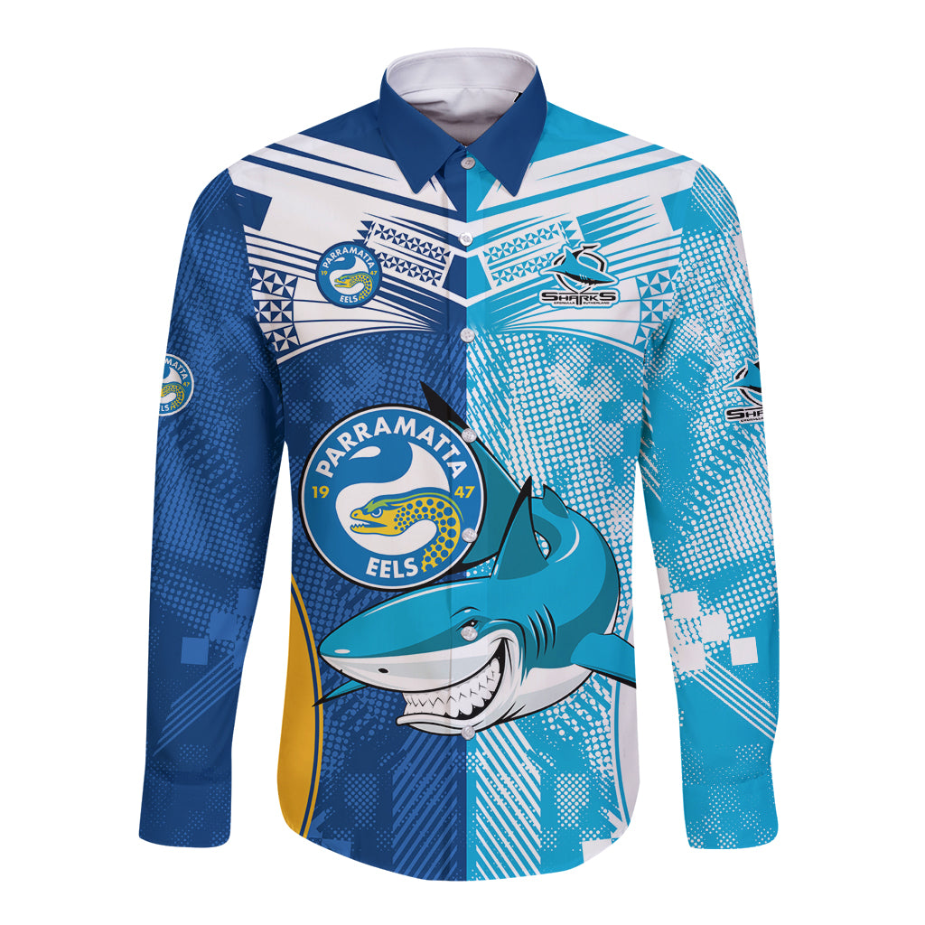 NRL Shark Combine Eels Rugby Long Sleeve Button Shirt Sporty Style LT9