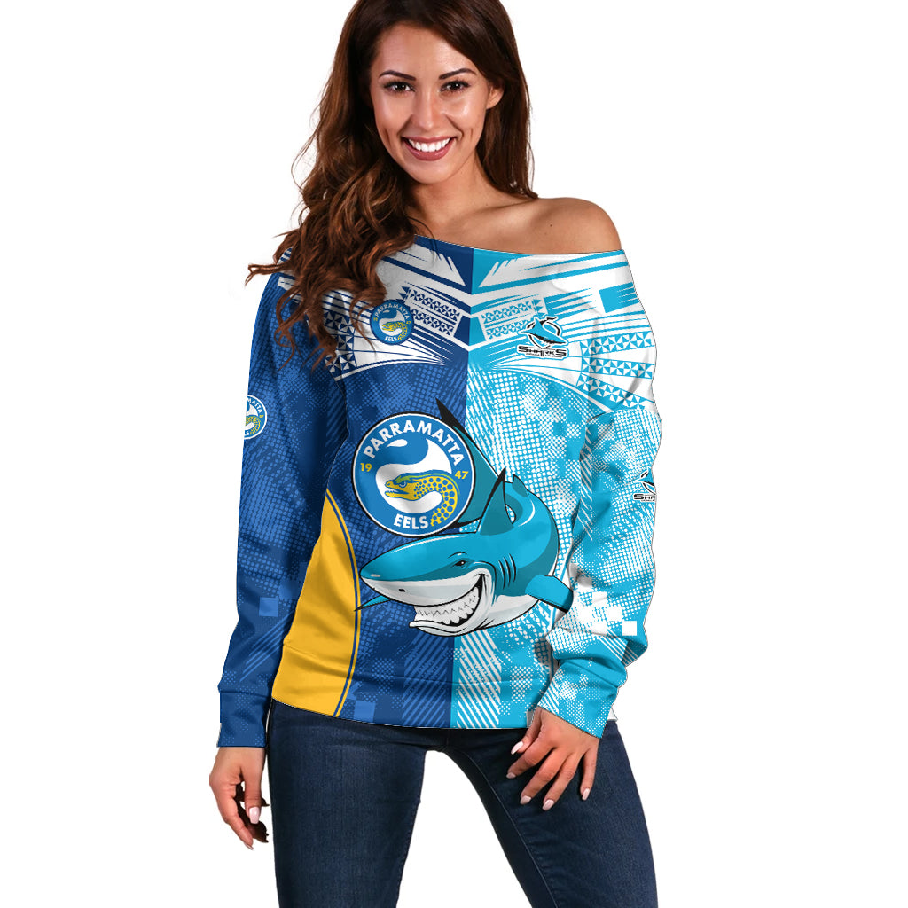 NRL Shark Combine Eels Rugby Off Shoulder Sweater Sporty Style LT9
