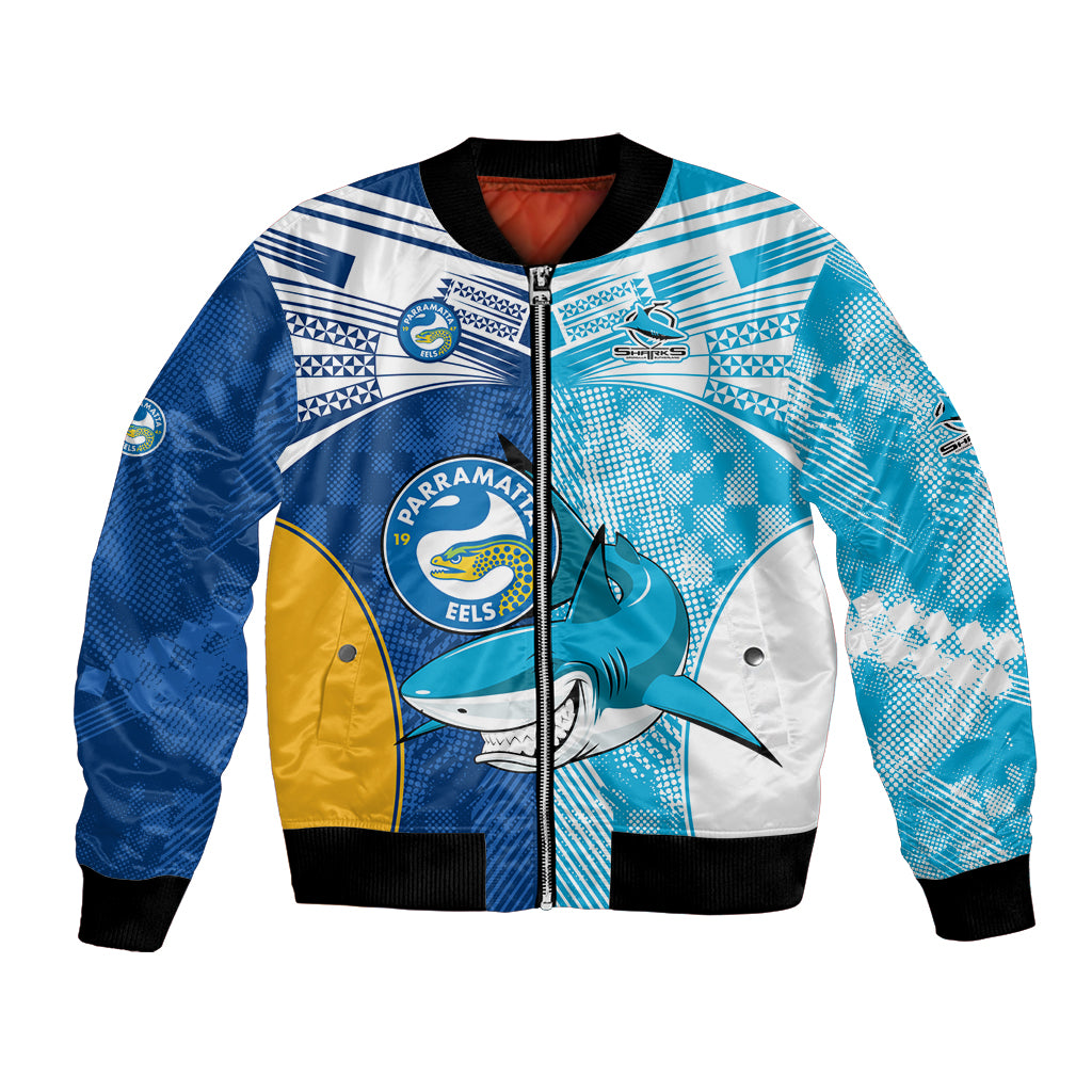 Custom NRL Shark Combine Eels Rugby Bomber Jacket Sporty Style LT9