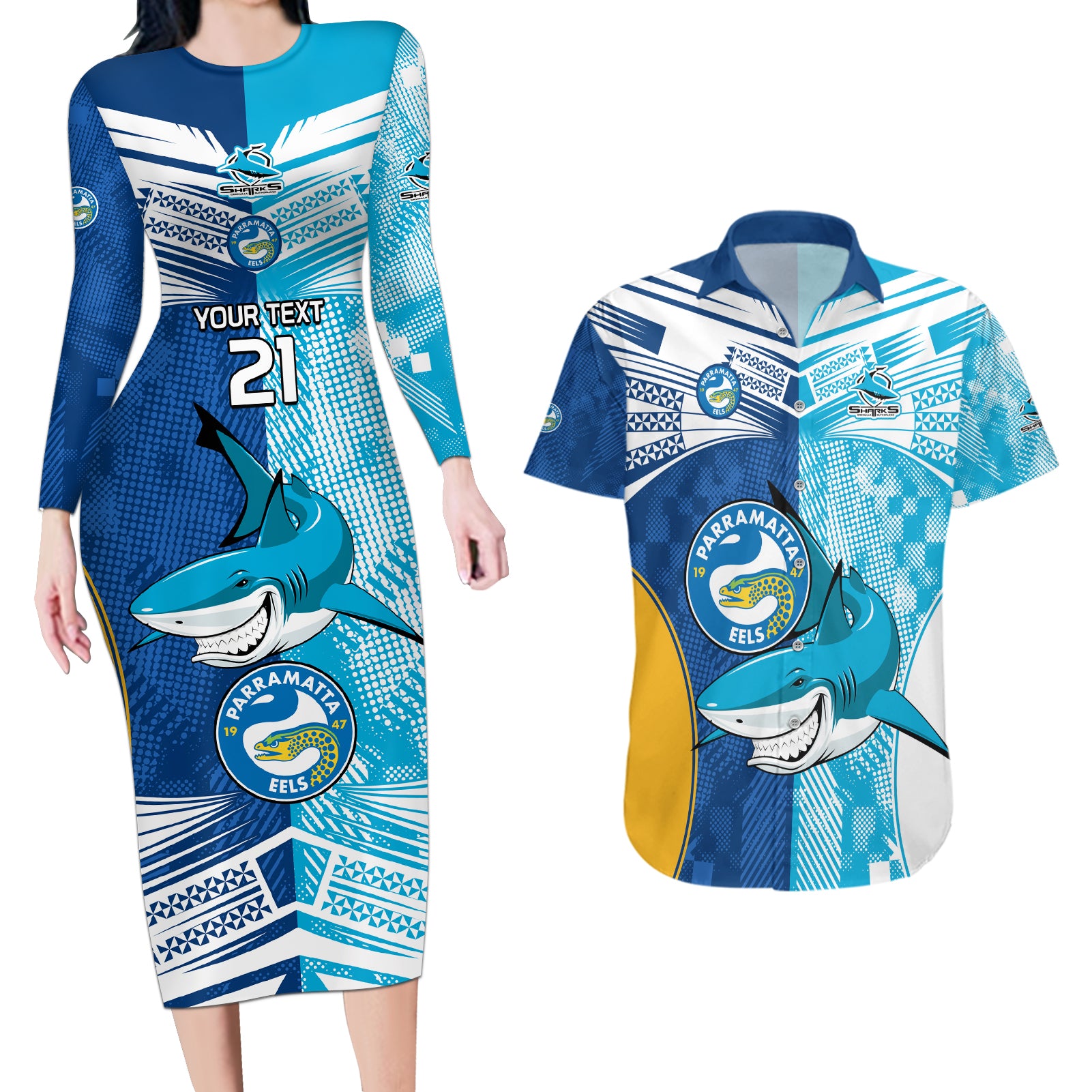 Custom NRL Shark Combine Eels Rugby Couples Matching Long Sleeve Bodycon Dress and Hawaiian Shirt Sporty Style LT9