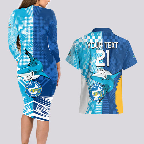 Custom NRL Shark Combine Eels Rugby Couples Matching Long Sleeve Bodycon Dress and Hawaiian Shirt Sporty Style LT9