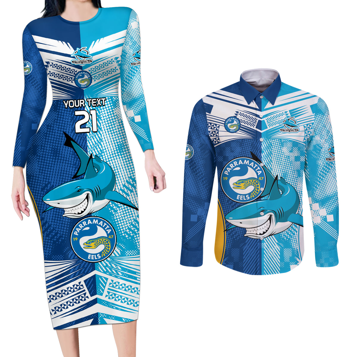 Custom NRL Shark Combine Eels Rugby Couples Matching Long Sleeve Bodycon Dress and Long Sleeve Button Shirts Sporty Style LT9