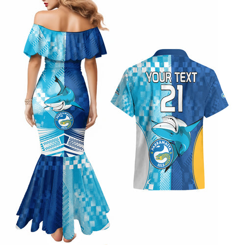 Custom NRL Shark Combine Eels Rugby Couples Matching Mermaid Dress and Hawaiian Shirt Sporty Style LT9