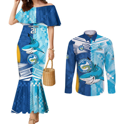 Custom NRL Shark Combine Eels Rugby Couples Matching Mermaid Dress and Long Sleeve Button Shirts Sporty Style LT9