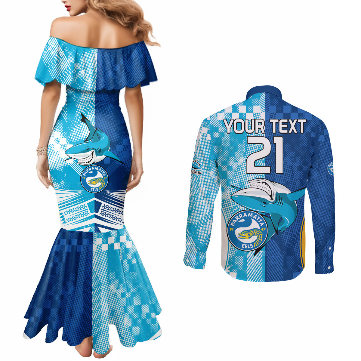 Custom NRL Shark Combine Eels Rugby Couples Matching Mermaid Dress and Long Sleeve Button Shirts Sporty Style LT9