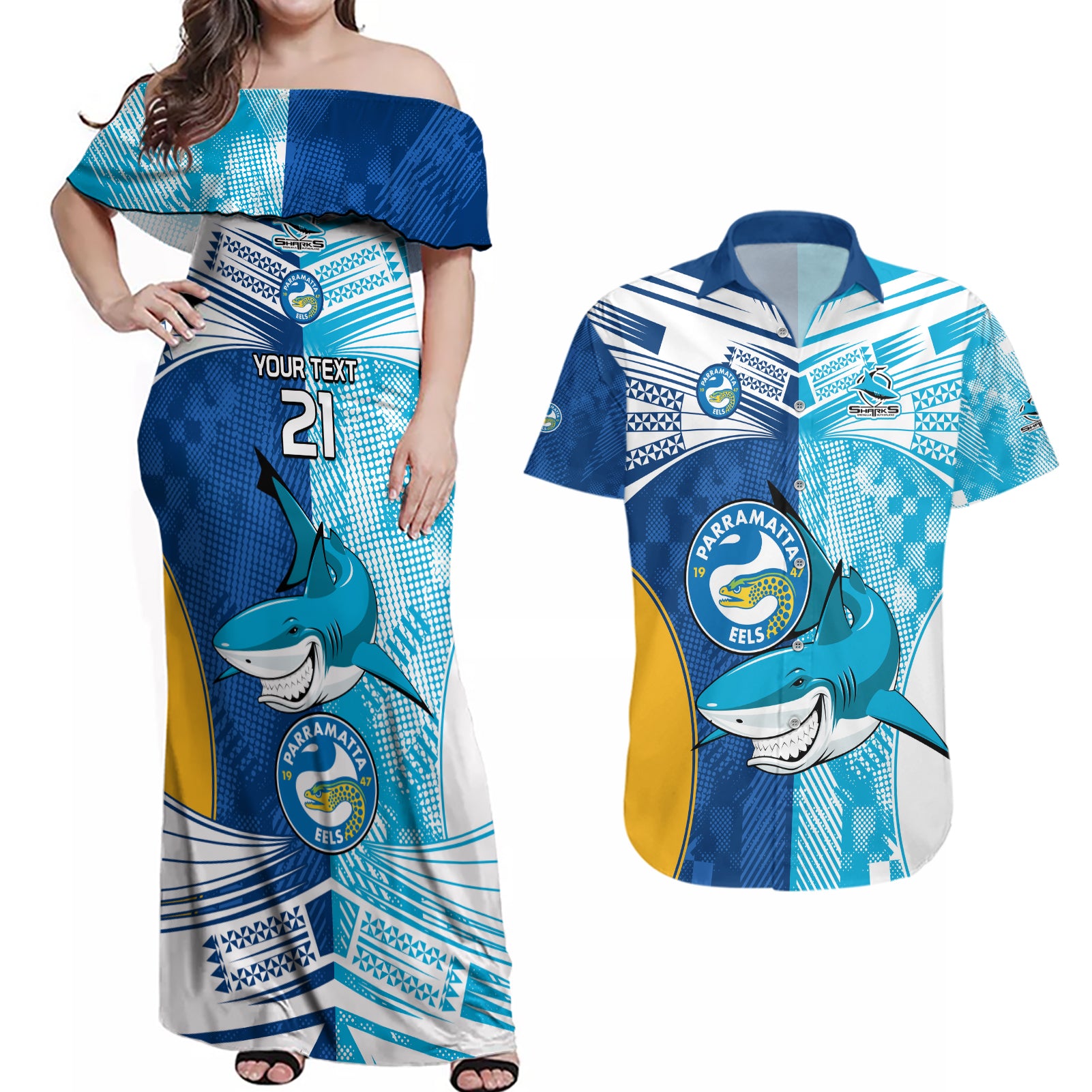 Custom NRL Shark Combine Eels Rugby Couples Matching Off Shoulder Maxi Dress and Hawaiian Shirt Sporty Style LT9