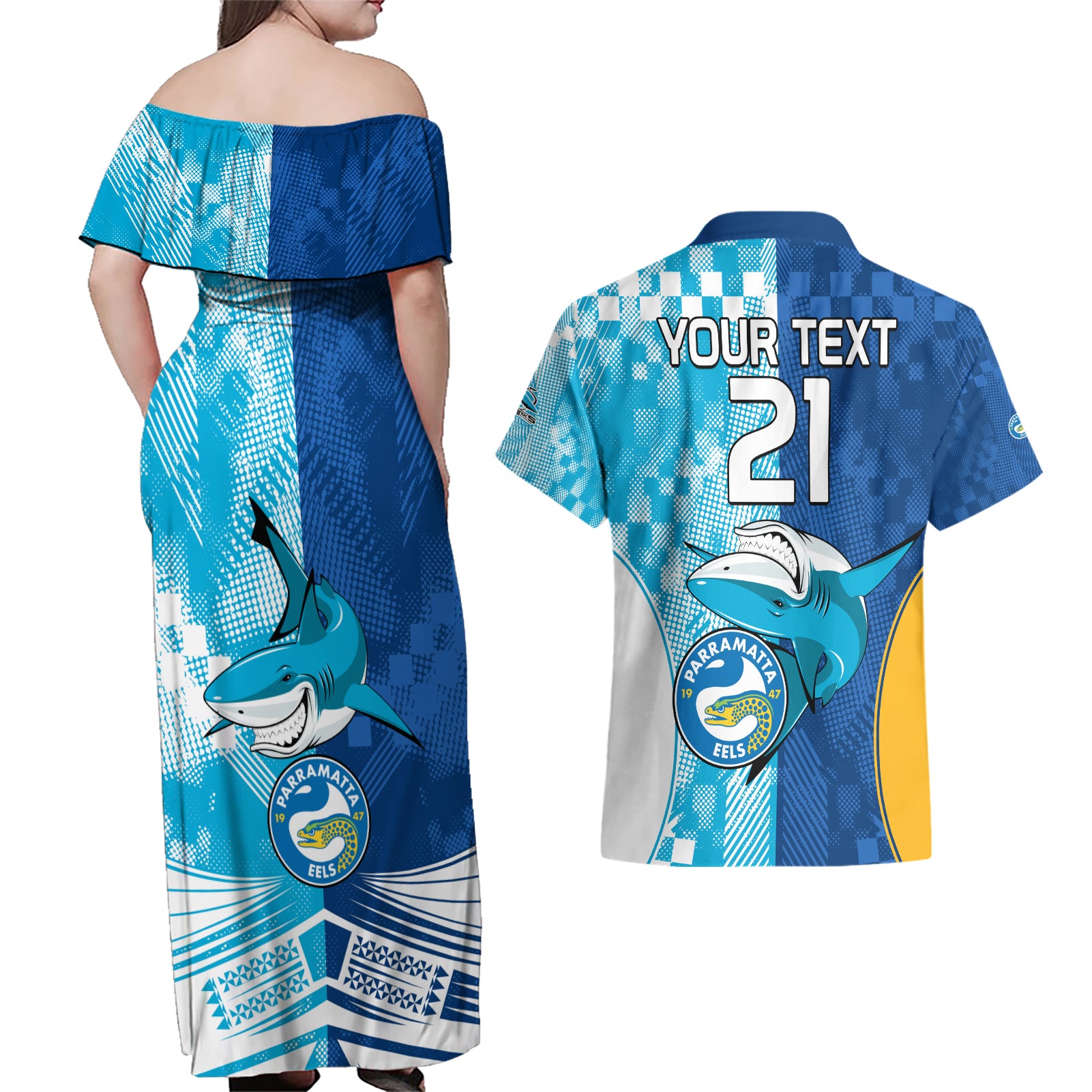 Custom NRL Shark Combine Eels Rugby Couples Matching Off Shoulder Maxi Dress and Hawaiian Shirt Sporty Style LT9