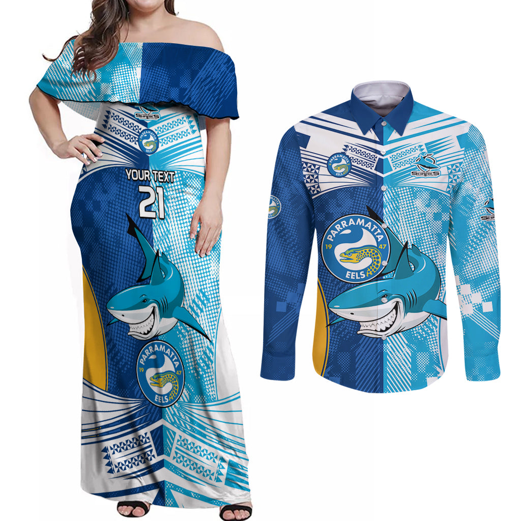 Custom NRL Shark Combine Eels Rugby Couples Matching Off Shoulder Maxi Dress and Long Sleeve Button Shirts Sporty Style LT9
