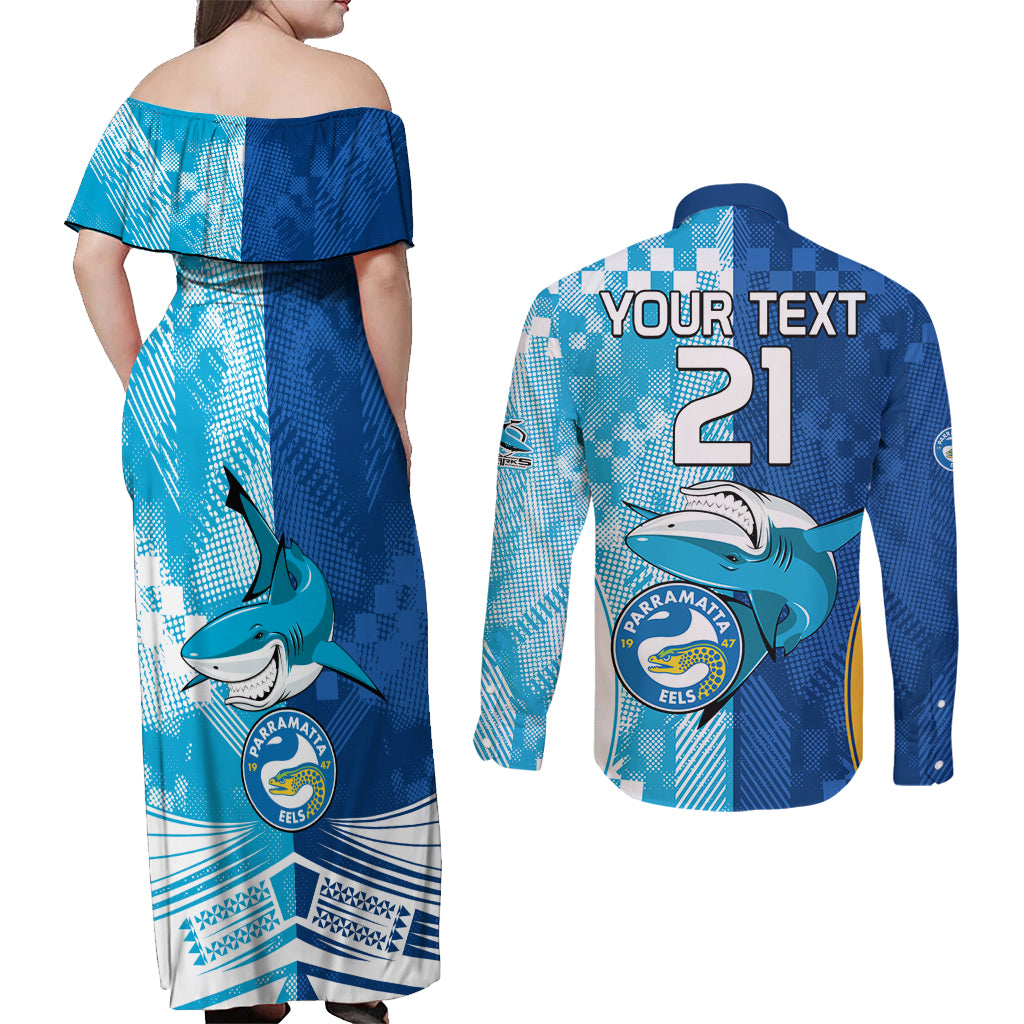 Custom NRL Shark Combine Eels Rugby Couples Matching Off Shoulder Maxi Dress and Long Sleeve Button Shirts Sporty Style LT9