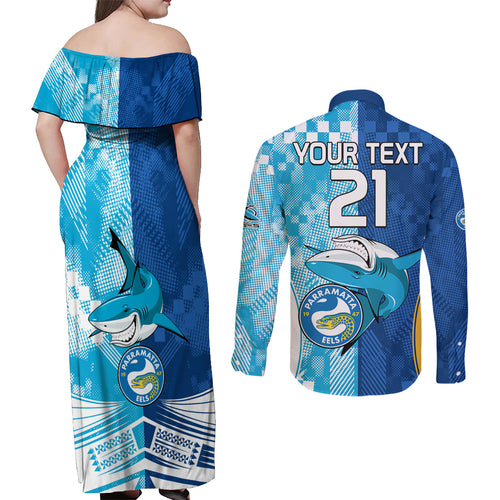 Custom NRL Shark Combine Eels Rugby Couples Matching Off Shoulder Maxi Dress and Long Sleeve Button Shirts Sporty Style LT9