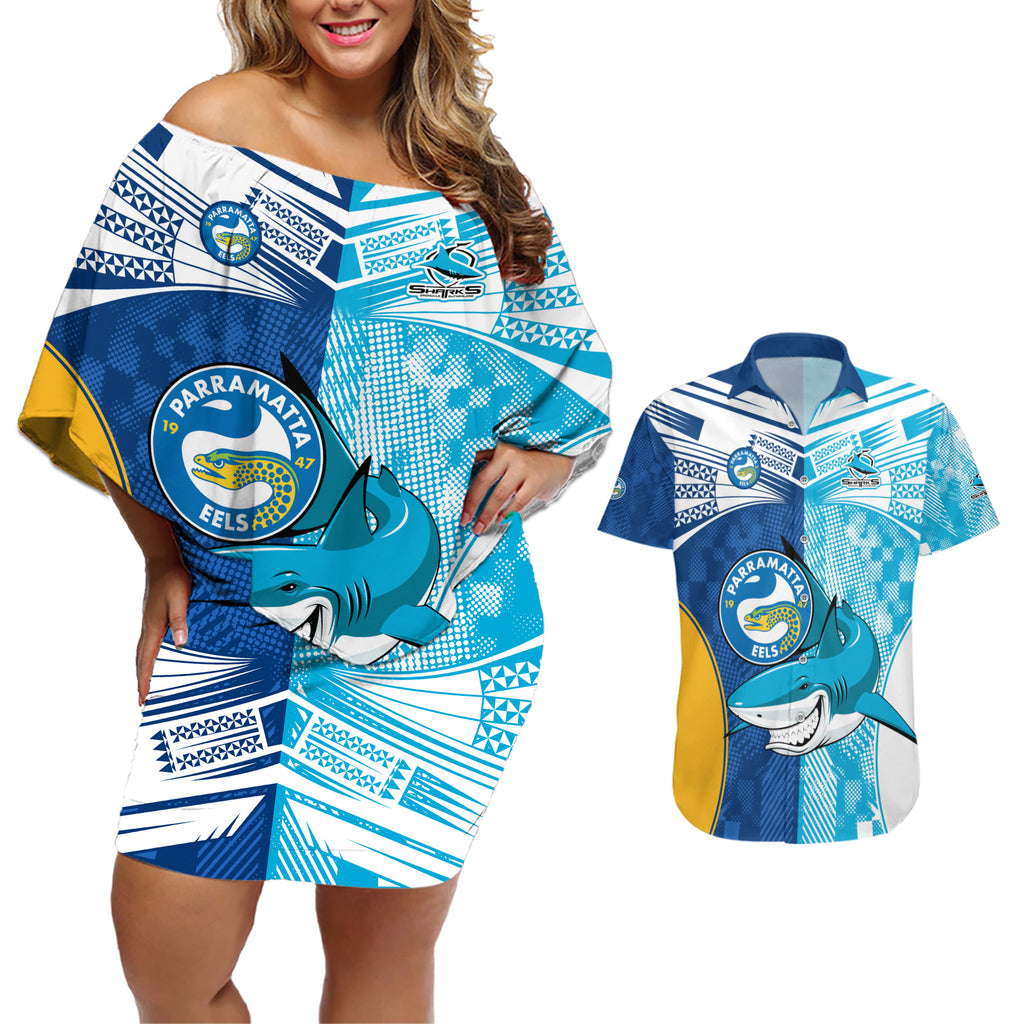 Custom NRL Shark Combine Eels Rugby Couples Matching Off Shoulder Short Dress and Hawaiian Shirt Sporty Style LT9
