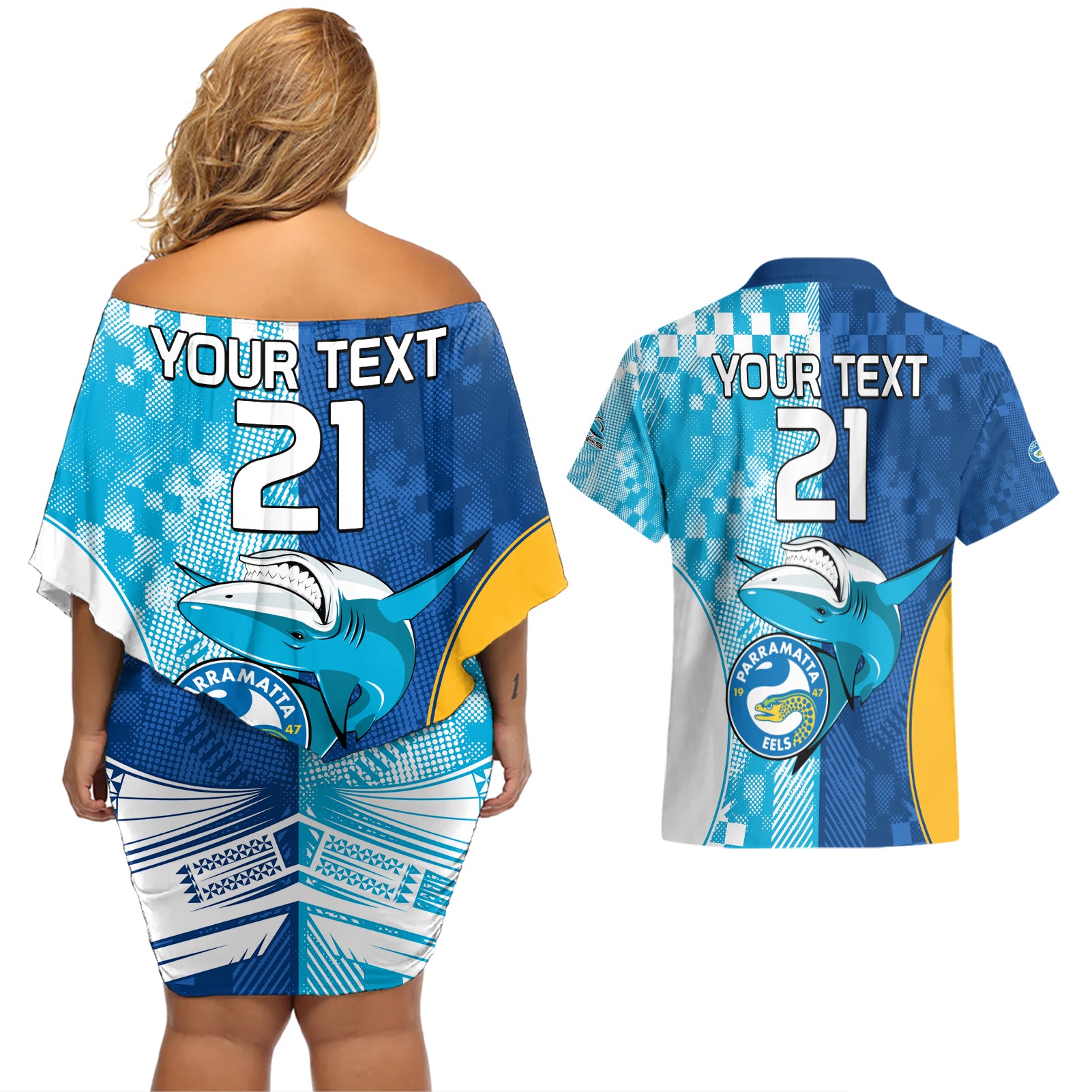Custom NRL Shark Combine Eels Rugby Couples Matching Off Shoulder Short Dress and Hawaiian Shirt Sporty Style LT9