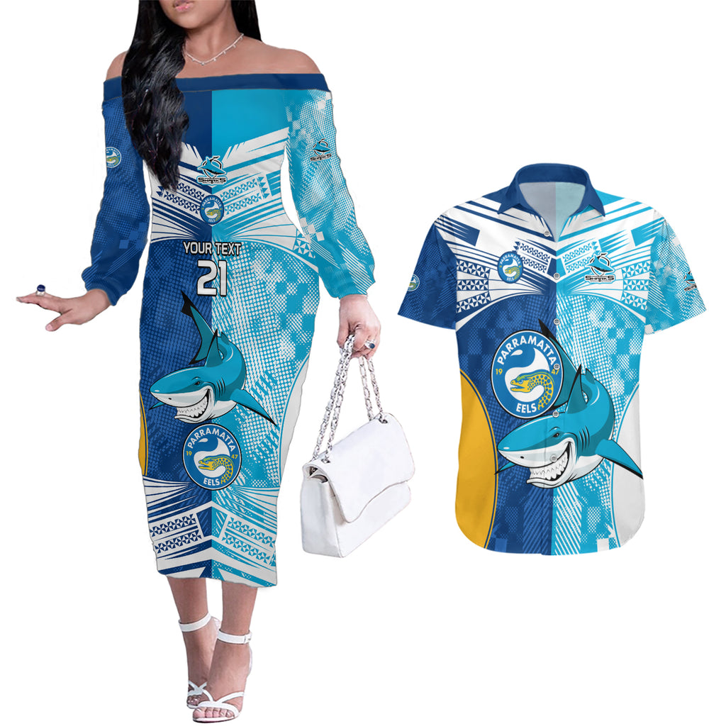 Custom NRL Shark Combine Eels Rugby Couples Matching Off The Shoulder Long Sleeve Dress and Hawaiian Shirt Sporty Style LT9
