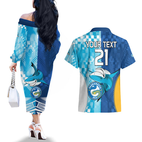 Custom NRL Shark Combine Eels Rugby Couples Matching Off The Shoulder Long Sleeve Dress and Hawaiian Shirt Sporty Style LT9