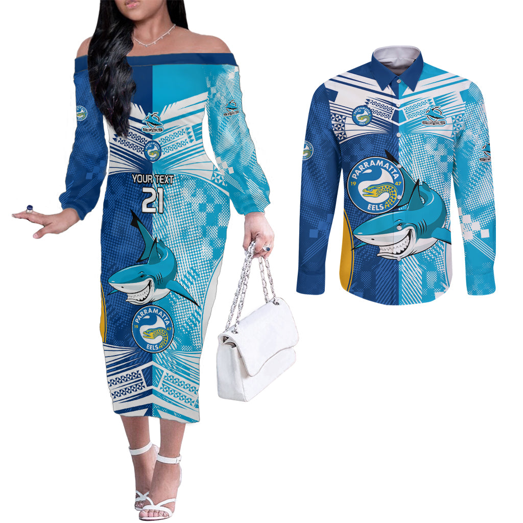 Custom NRL Shark Combine Eels Rugby Couples Matching Off The Shoulder Long Sleeve Dress and Long Sleeve Button Shirts Sporty Style LT9
