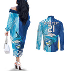 Custom NRL Shark Combine Eels Rugby Couples Matching Off The Shoulder Long Sleeve Dress and Long Sleeve Button Shirts Sporty Style LT9