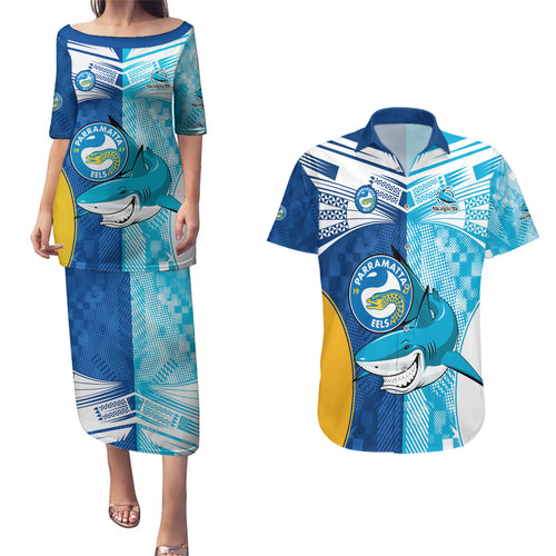 Custom NRL Shark Combine Eels Rugby Couples Matching Puletasi Dress and Hawaiian Shirt Sporty Style LT9