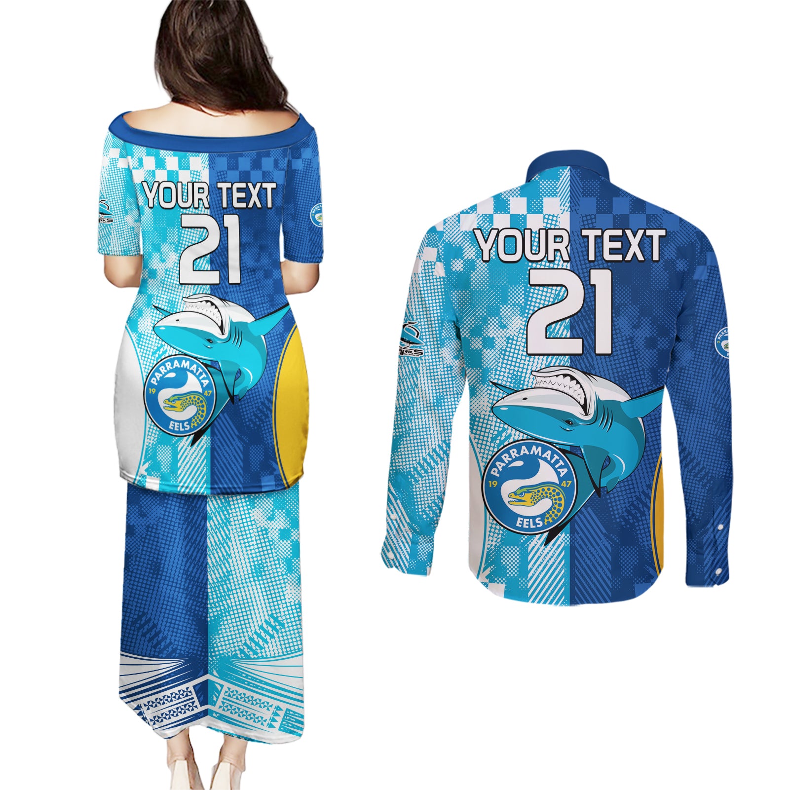 Custom NRL Shark Combine Eels Rugby Couples Matching Puletasi Dress and Long Sleeve Button Shirts Sporty Style LT9