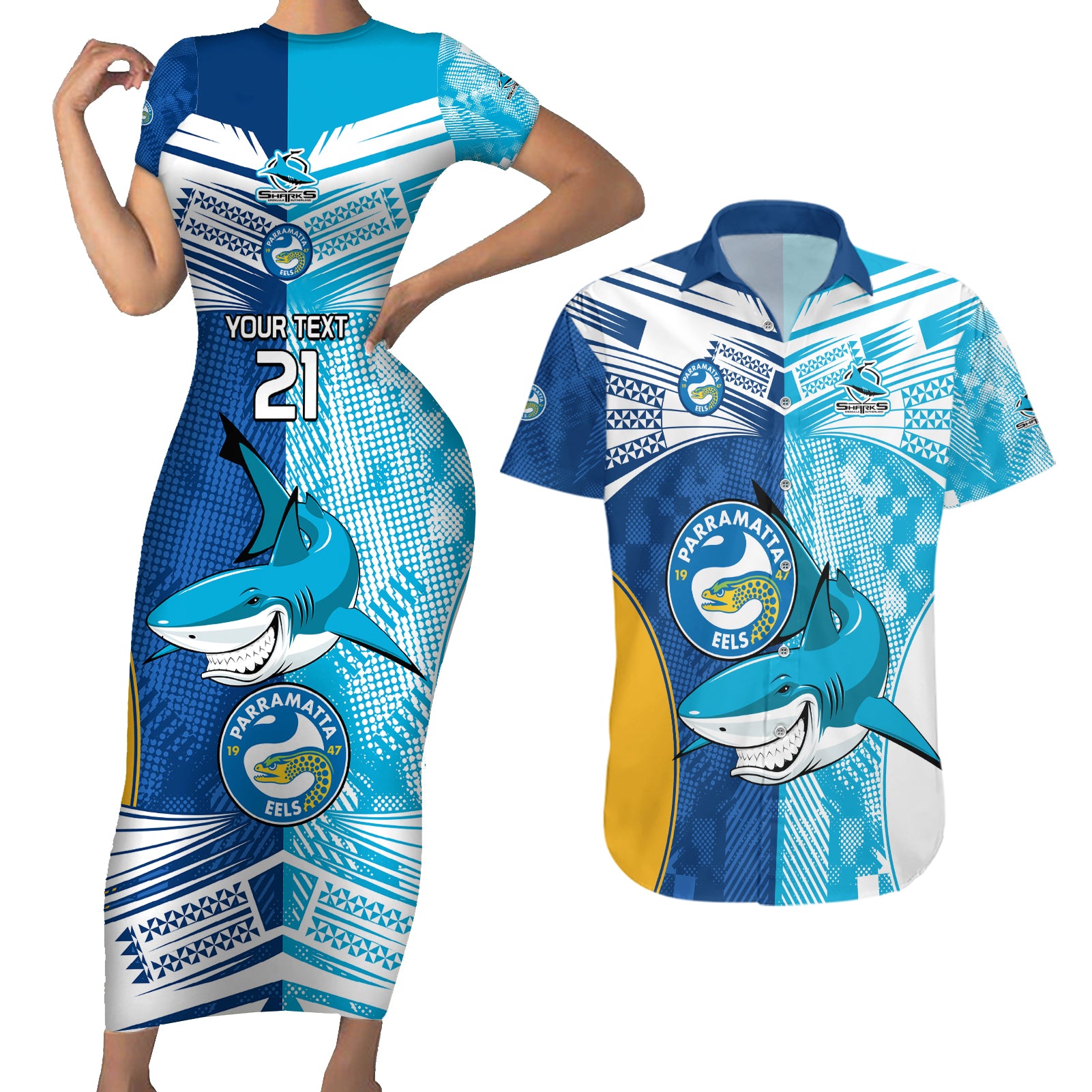 Custom NRL Shark Combine Eels Rugby Couples Matching Short Sleeve Bodycon Dress and Hawaiian Shirt Sporty Style LT9
