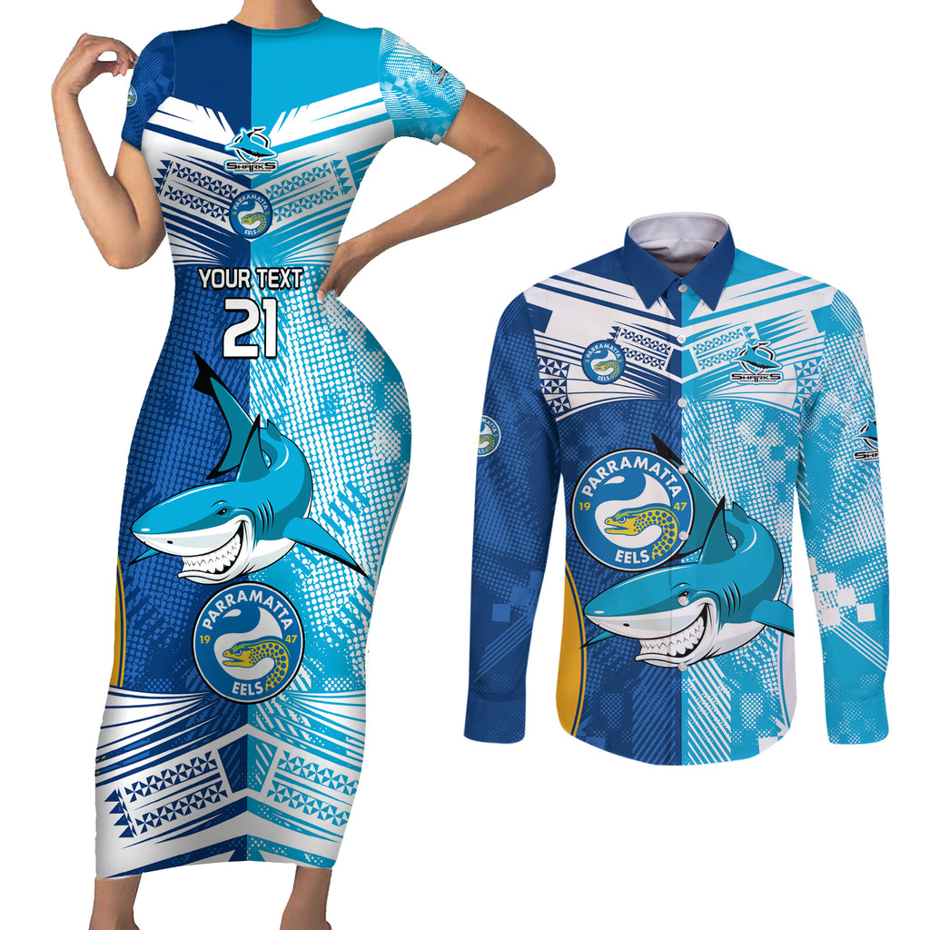 Custom NRL Shark Combine Eels Rugby Couples Matching Short Sleeve Bodycon Dress and Long Sleeve Button Shirts Sporty Style LT9