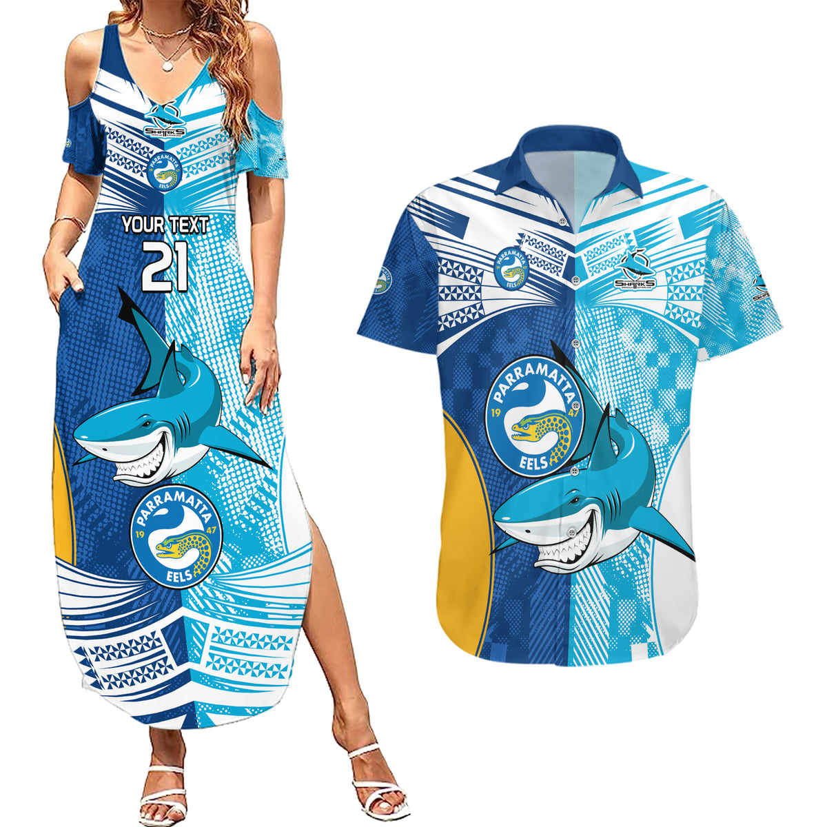 Custom NRL Shark Combine Eels Rugby Couples Matching Summer Maxi Dress and Hawaiian Shirt Sporty Style LT9