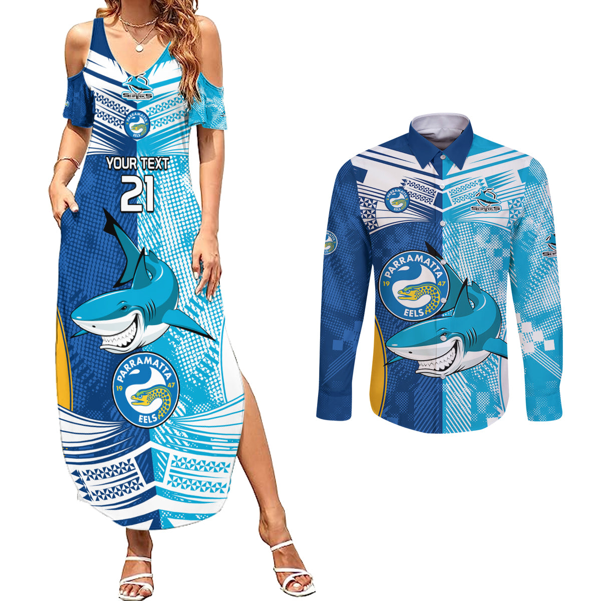 Custom NRL Shark Combine Eels Rugby Couples Matching Summer Maxi Dress and Long Sleeve Button Shirts Sporty Style LT9