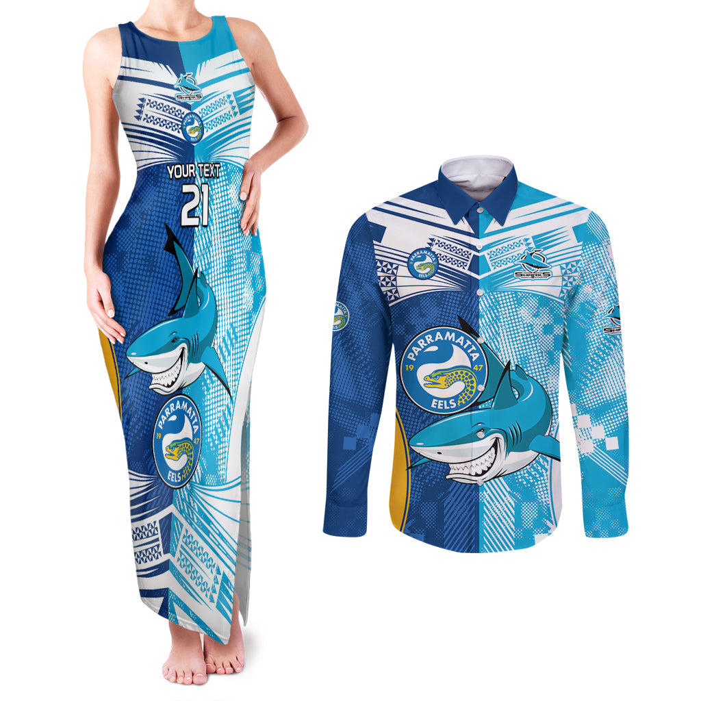 Custom NRL Shark Combine Eels Rugby Couples Matching Tank Maxi Dress and Long Sleeve Button Shirts Sporty Style LT9
