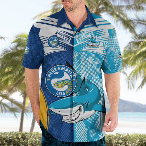 Custom NRL Shark Combine Eels Rugby Hawaiian Shirt Sporty Style LT9