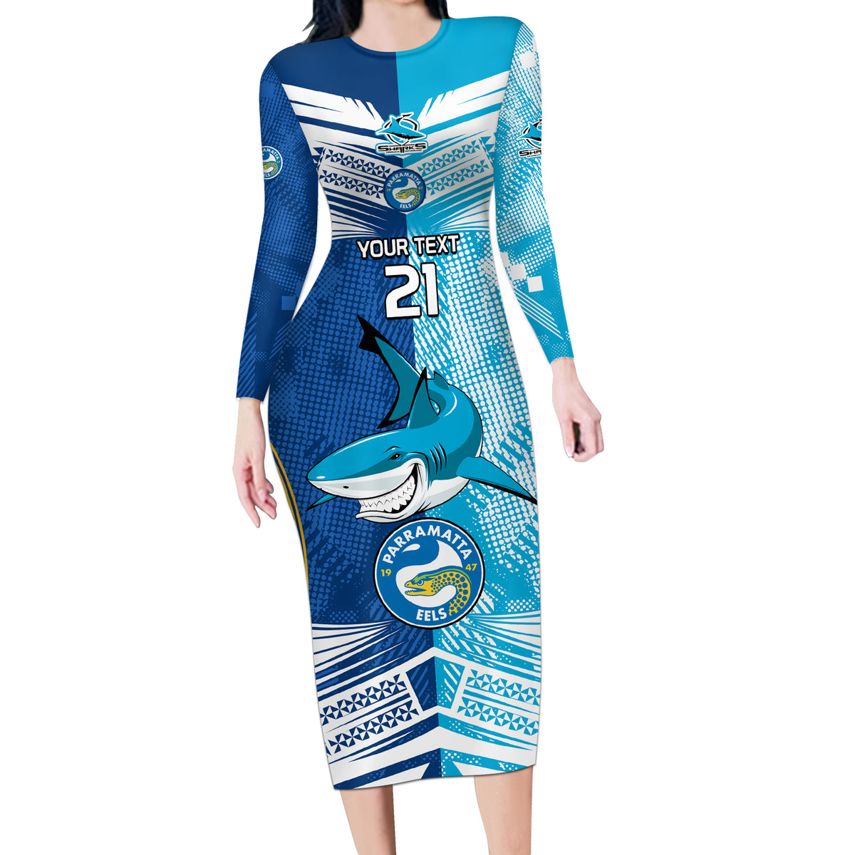 Custom NRL Shark Combine Eels Rugby Long Sleeve Bodycon Dress Sporty Style LT9