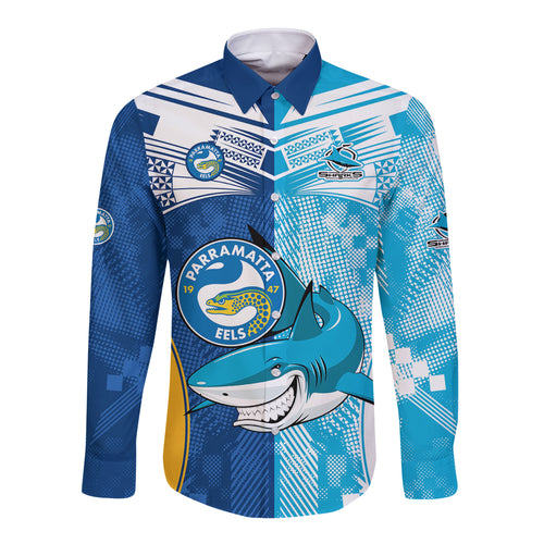 Custom NRL Shark Combine Eels Rugby Long Sleeve Button Shirt Sporty Style LT9
