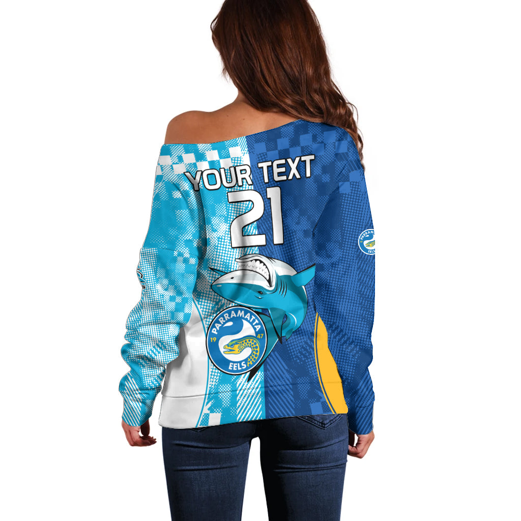 Custom NRL Shark Combine Eels Rugby Off Shoulder Sweater Sporty Style LT9
